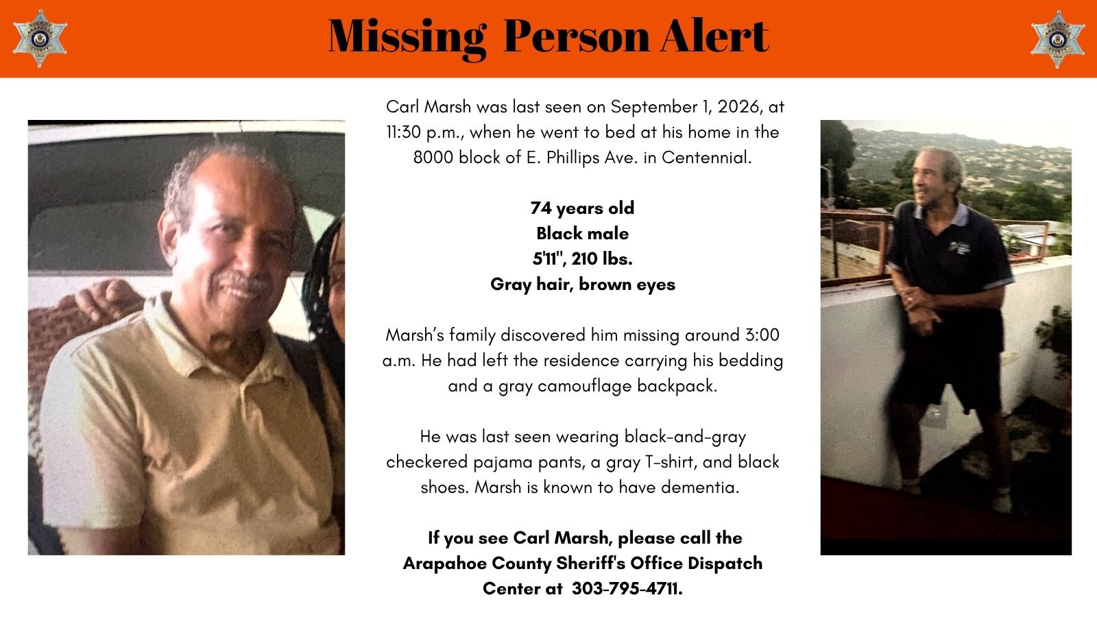 Carl Marsh Missing: 74-year-old Centennial man with dementia last seen Sept 1, 2026