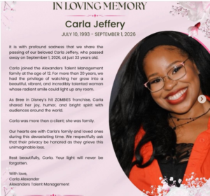Carla Jeffery Death, Obituary – United States: Disney ZOMBIES Actress Carla Jeffery Dies at 33